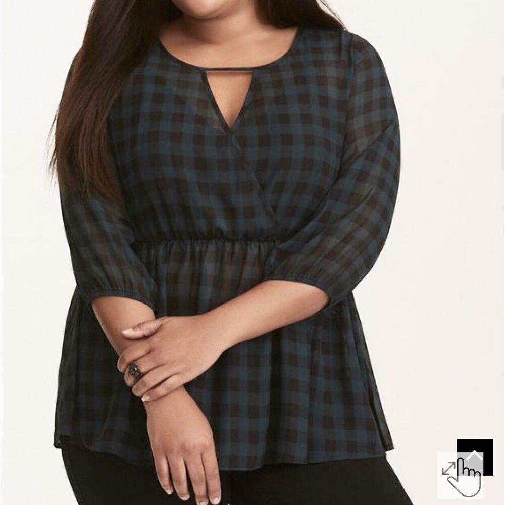 Torrid 5 5X Womens Green Black Buffalo Plaid 3/4 Sleeve Sheer Peplum Top